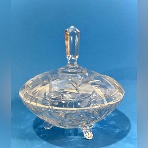 Three Footed Candy Jewelry Dish w Lid Pressed Cut Glass Mid Century Mode…
